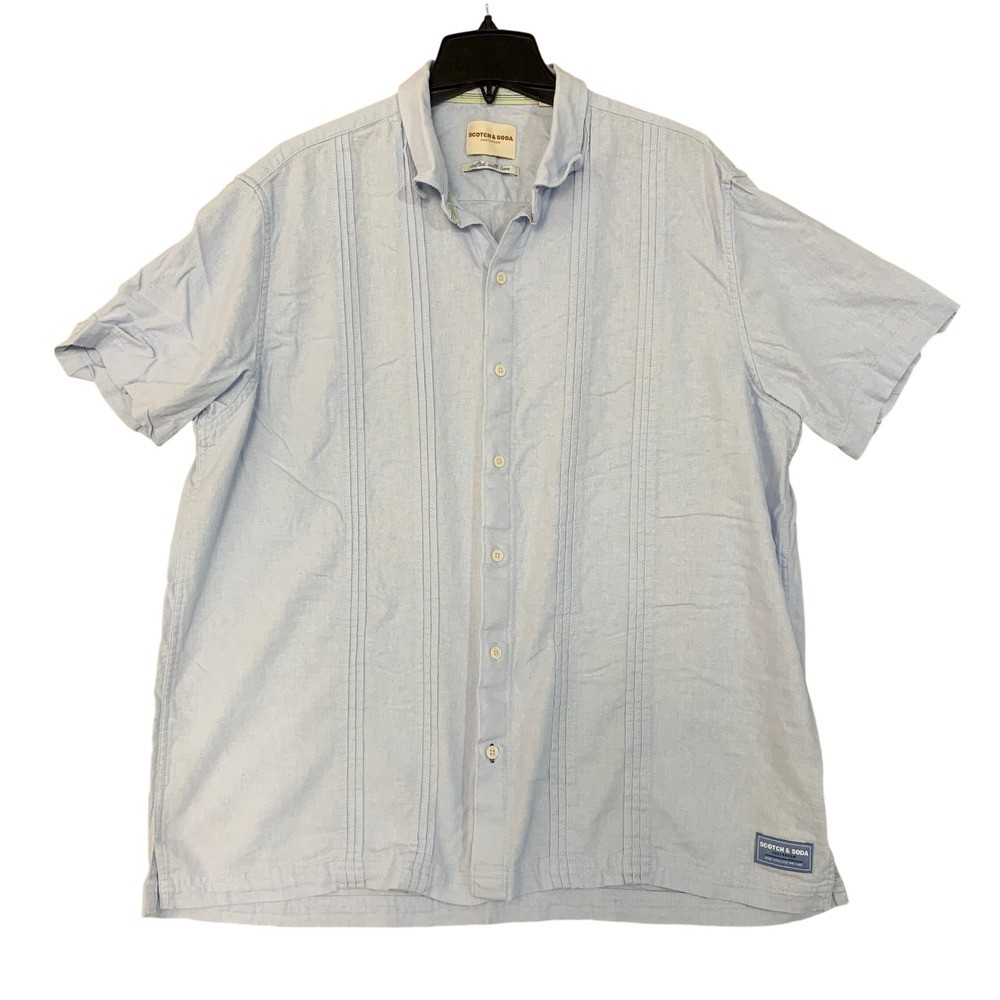 NWOT Scotch & Soda Men's XL Pintuck Button Up Shirt Light Blue Linen Blend
